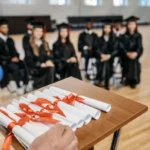 Upacara kelulusan di dalam aula sekolah dengan para wisudawan berseragam dan balon dekorasi, suasana perpisahan yang meriah